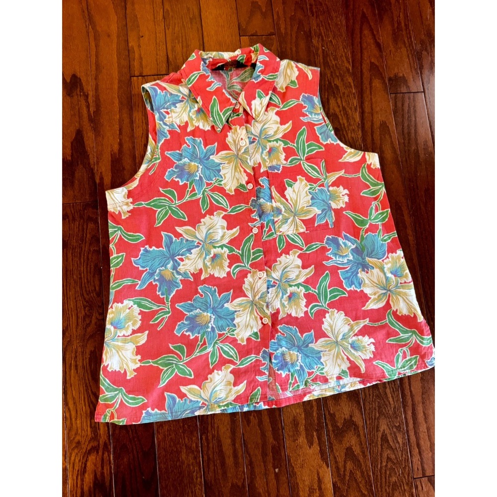 Eddie Bauer Women's Sz L Sleeveless Linen Button Up Blouse Floral Tropical Resor